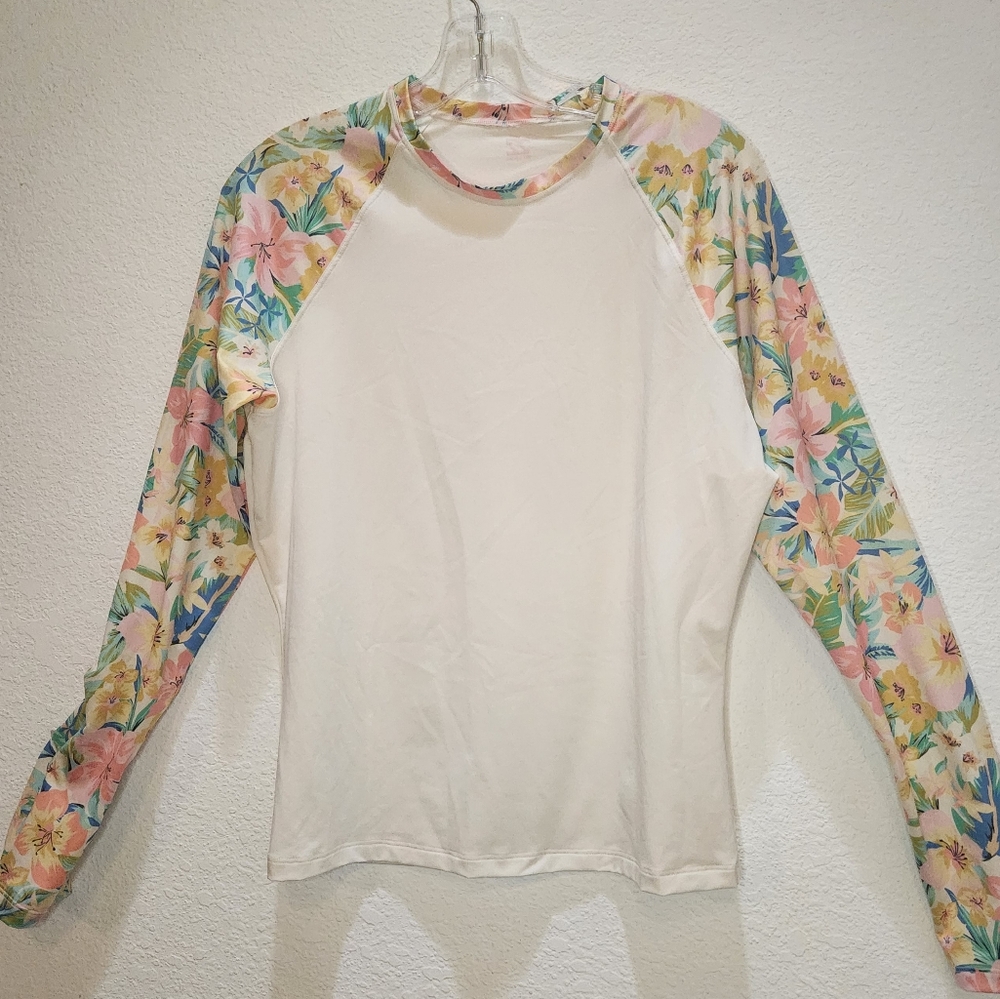 Billabong Floral Long Sleeve Swim One Piece - White and Multicolor